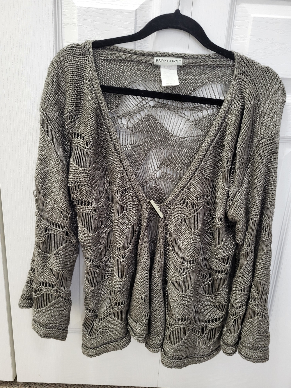 Parkhurst Open-Knit V-Neck Cardigan Sweater in Olive Gray